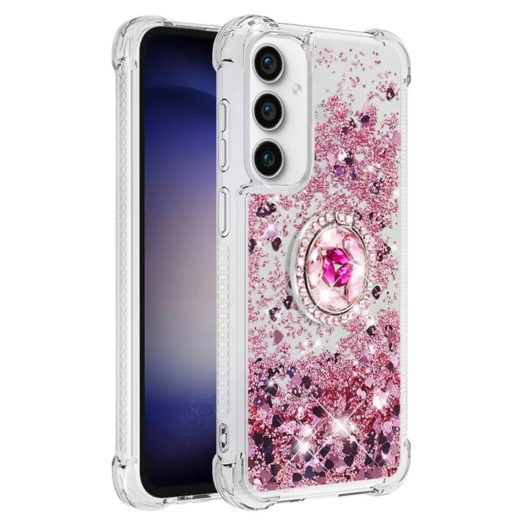 YB Quicksand Series-7 Para Samsung Galaxy S23 FE Kickstand TPU Case Floating Bling Glitter Phone Cover - Rose Gold / Hearts