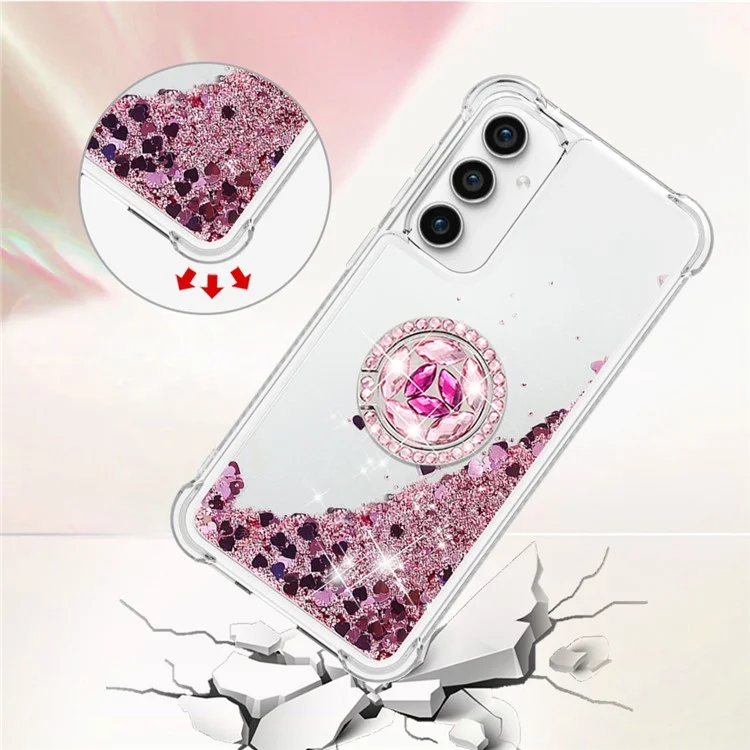 YB Quicksand Series-7 Para Samsung Galaxy S23 FE Kickstand TPU Case Floating Bling Glitter Phone Cover - Rose Gold / Hearts
