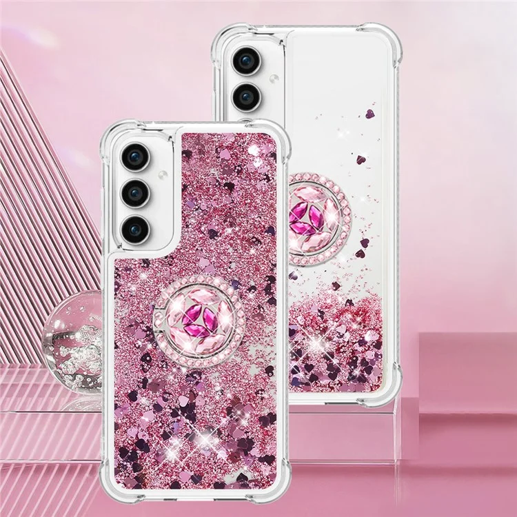 YB Quicksand Series-7 Para Samsung Galaxy S23 FE Kickstand TPU Case Floating Bling Glitter Phone Cover - Rose Gold / Hearts