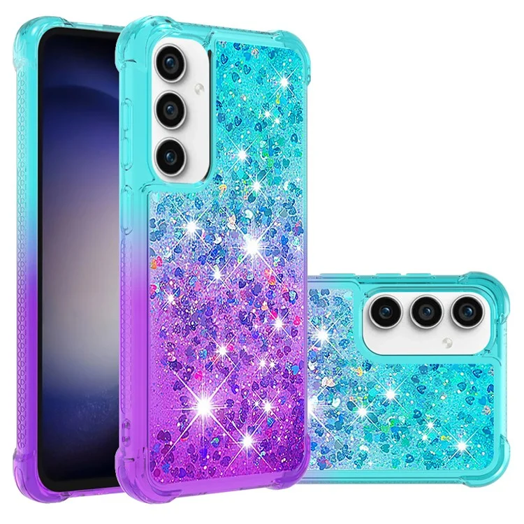 Série YB Quicksand-3 Pour Samsung Galaxy S23 FE Gradient Glitter Liquid Phone Case Corner Cushion Protective TPU Cover - Bleu Ciel + Violet
