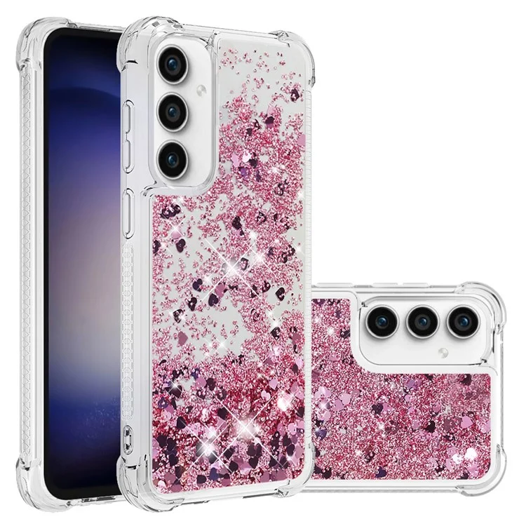 YB Quicksand Series-1 per Samsung Galaxy S23 FE Sparkle Liquid Phone Case Soft TPU Shockproof Protective Cover - Rose Gold / Hearts