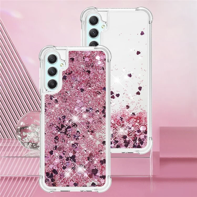 For Samsung Galaxy A24 4G (162.1 x 77.6 x 8.3mm) TPU Case Glitter Quicksand Shockproof Phone Back Cover - Rose Gold / Hearts