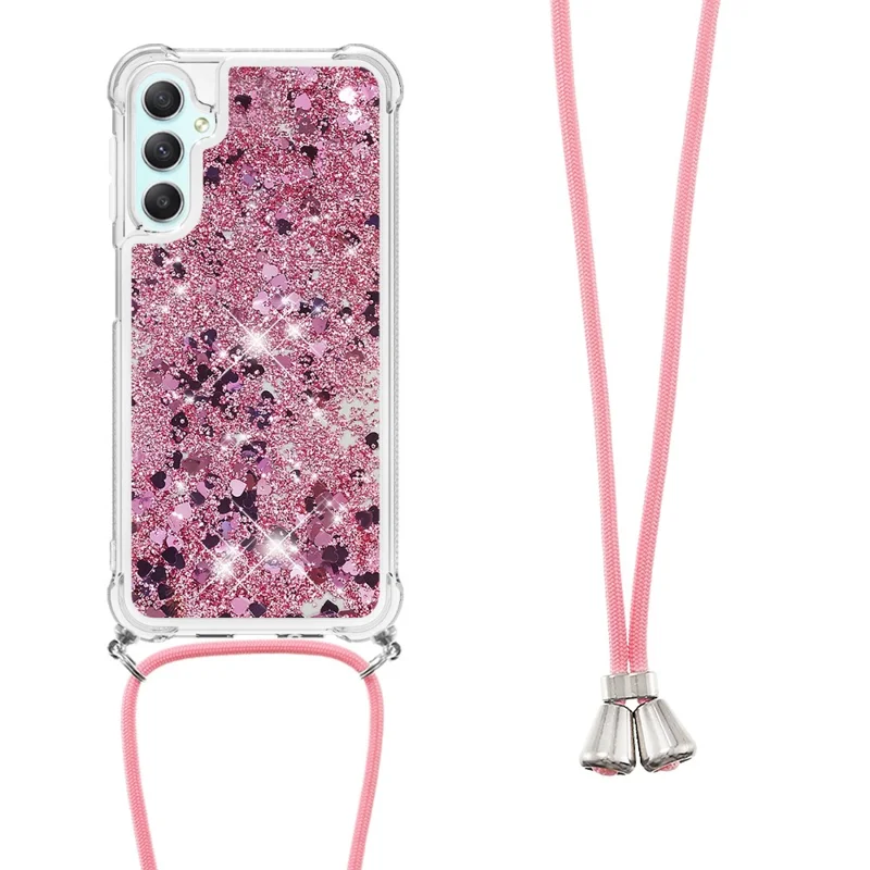 For Samsung Galaxy A24 4G (162.1 x 77.6 x 8.3mm) TPU Case Quicksand Design Phone Cover with Lanyard - Rose Gold / Hearts