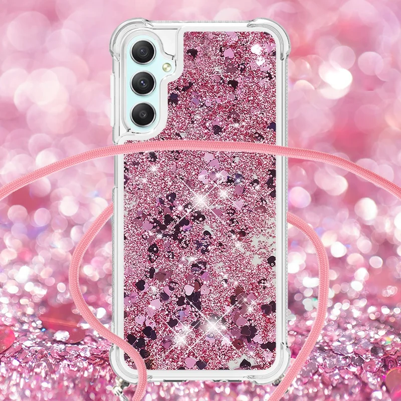 For Samsung Galaxy A24 4G (162.1 x 77.6 x 8.3mm) TPU Case Quicksand Design Phone Cover with Lanyard - Rose Gold / Hearts