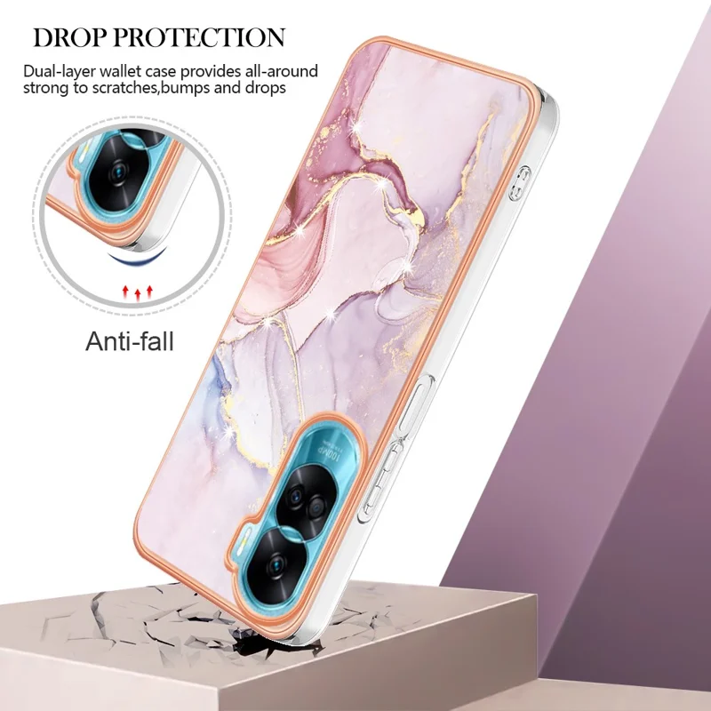 For Honor 90 Lite 5G / X50i 5G TPU Case with IMD Marble Pattern Electroplated Back Cover - Rose Gold 005