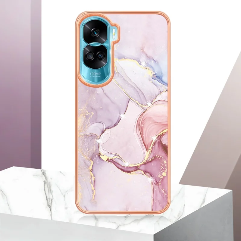 For Honor 90 Lite 5G / X50i 5G TPU Case with IMD Marble Pattern Electroplated Back Cover - Rose Gold 005