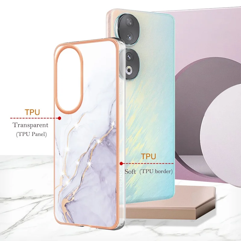 For Honor 90 TPU Case with IMD Marble Pattern Electroplated Back Cover - White 006