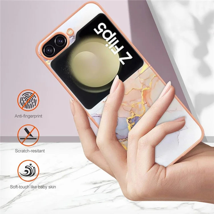 YB IMD Series-1 для Samsung Galaxy Z Flip5 5G TPU Чехол для телефона IMD Marble Floral Pattern Electroplating Cover - Milky Way Marble White