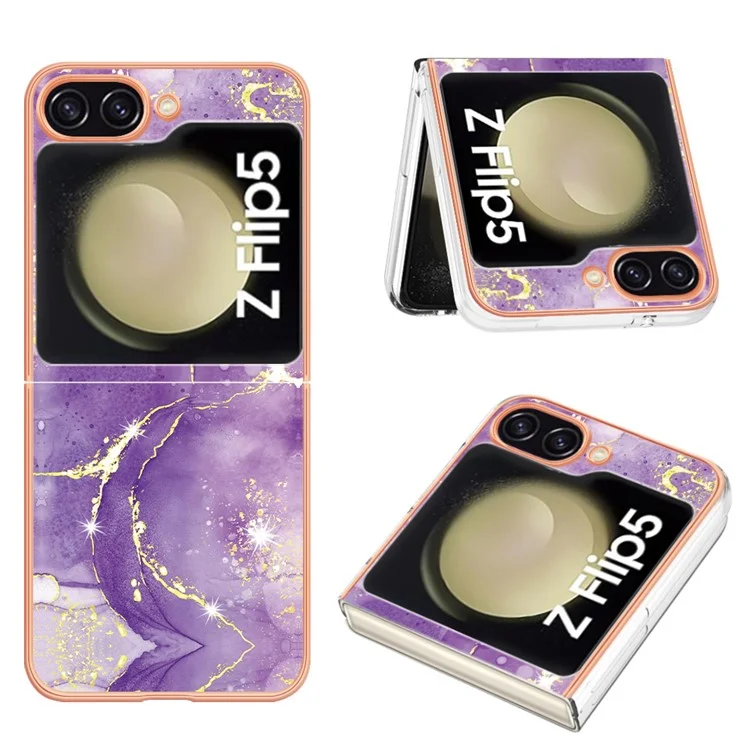 YB IMD Series-2 Custodia per telefono con bordo elettroplaccato per Samsung Galaxy Z Flip5 5G, Cover IMD in morbido TPU con motivo a marmo - Viola 002