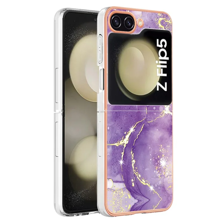YB IMD Series-2 Custodia per telefono con bordo elettroplaccato per Samsung Galaxy Z Flip5 5G, Cover IMD in morbido TPU con motivo a marmo - Viola 002