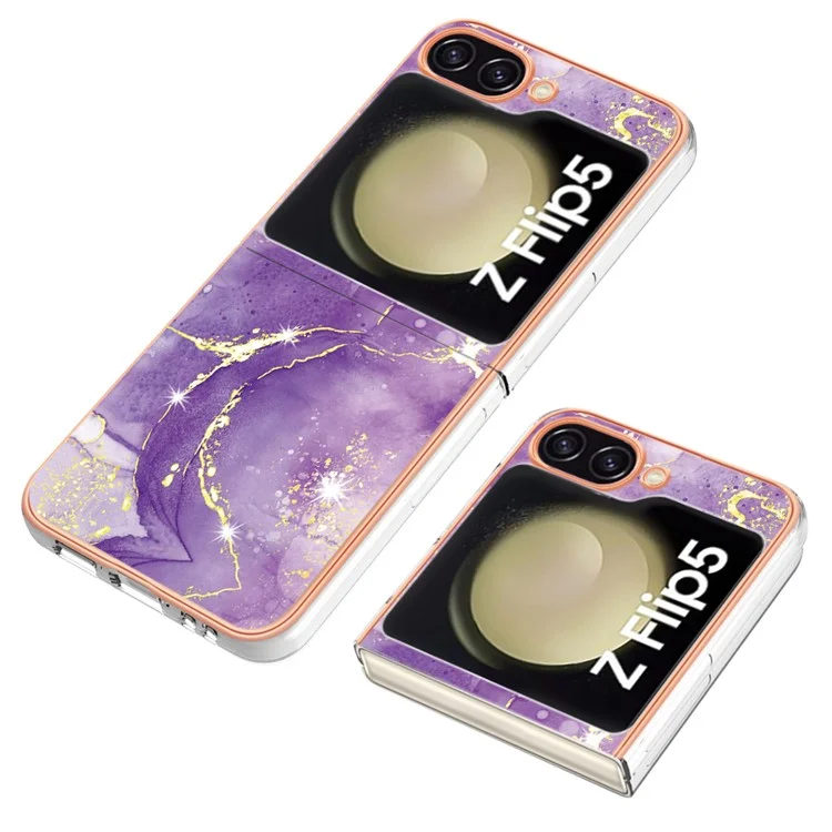 YB IMD Series-2 Custodia per telefono con bordo elettroplaccato per Samsung Galaxy Z Flip5 5G, Cover IMD in morbido TPU con motivo a marmo - Viola 002
