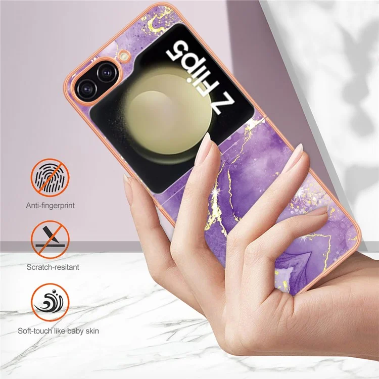 YB IMD Series-2 Custodia per telefono con bordo elettroplaccato per Samsung Galaxy Z Flip5 5G, Cover IMD in morbido TPU con motivo a marmo - Viola 002