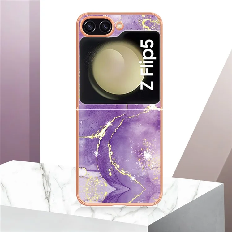 YB IMD Series-2 Custodia per telefono con bordo elettroplaccato per Samsung Galaxy Z Flip5 5G, Cover IMD in morbido TPU con motivo a marmo - Viola 002