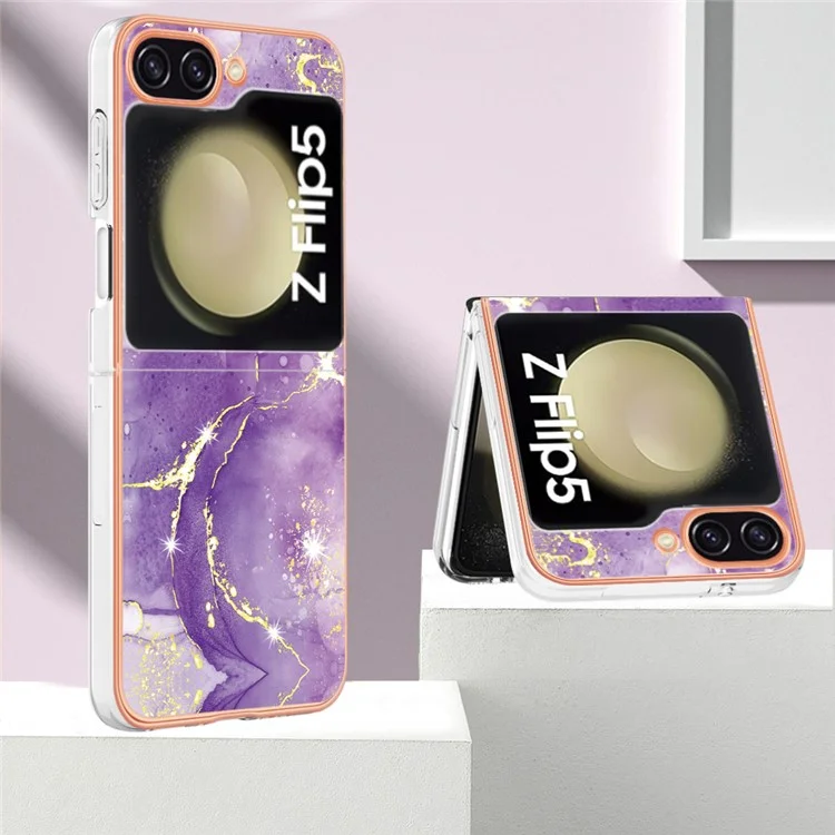 YB IMD Series-2 Custodia per telefono con bordo elettroplaccato per Samsung Galaxy Z Flip5 5G, Cover IMD in morbido TPU con motivo a marmo - Viola 002
