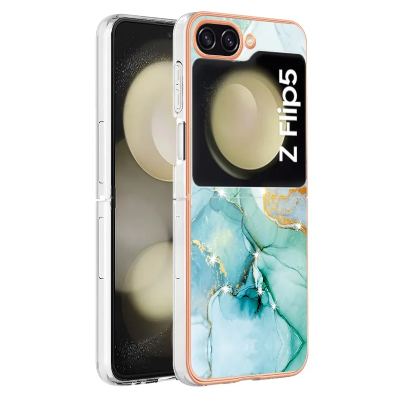 For Samsung Galaxy Z Flip5 5G TPU Case with IMD Marble Pattern Electroplated Back Cover - Green 003