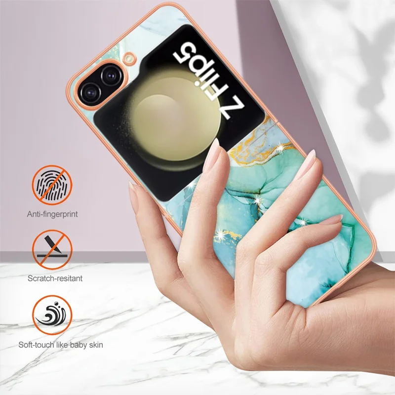 For Samsung Galaxy Z Flip5 5G TPU Case with IMD Marble Pattern Electroplated Back Cover - Green 003