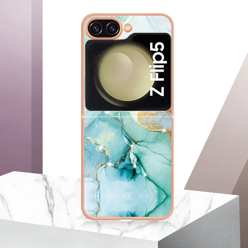 For Samsung Galaxy Z Flip5 5G TPU Case with IMD Marble Pattern Electroplated Back Cover - Green 003