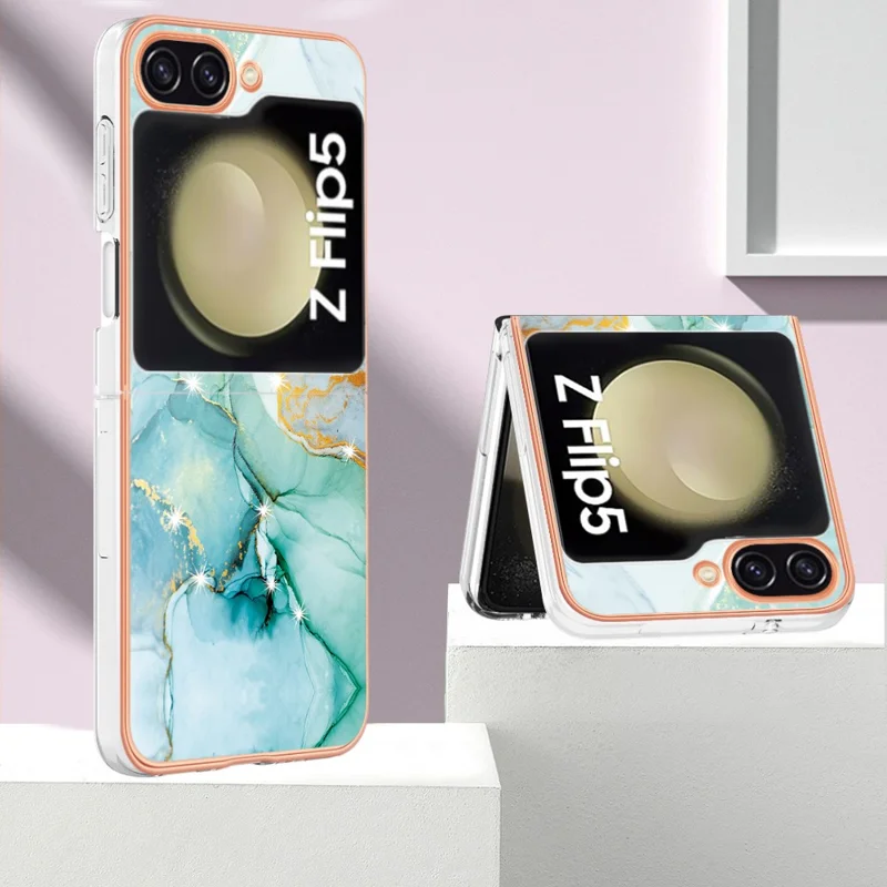 For Samsung Galaxy Z Flip5 5G TPU Case with IMD Marble Pattern Electroplated Back Cover - Green 003