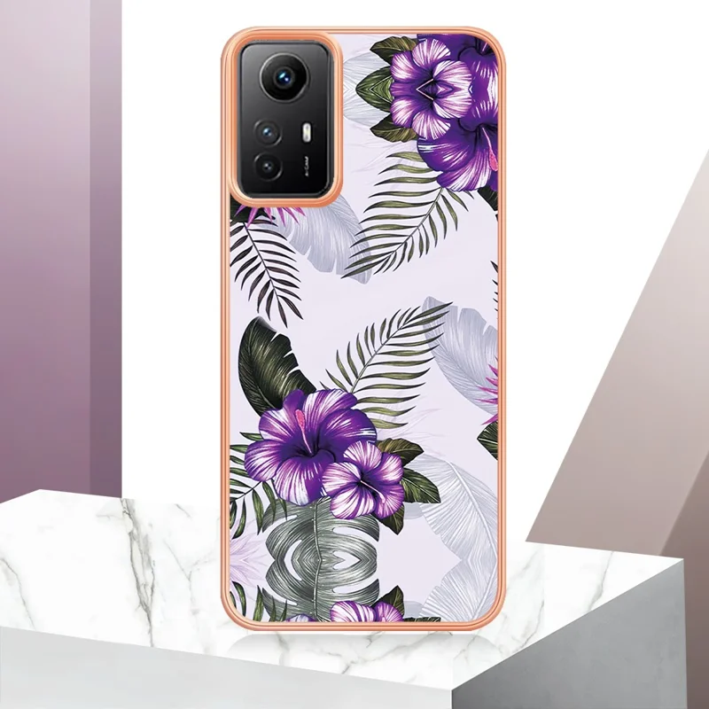 For Xiaomi Redmi Note 12S 4G Case with IMD Marble Flower Pattern TPU Mobile Back Cover - Purple Flower