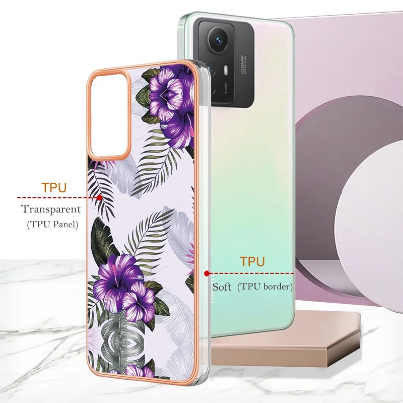 For Xiaomi Redmi Note 12S 4G Case with IMD Marble Flower Pattern TPU Mobile Back Cover - Purple Flower