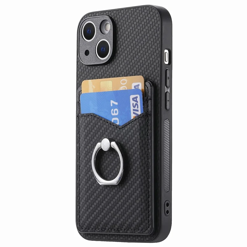 Cellphone Cover for iPhone 15 , Card Holder Carbon Fiber Texture PU Leather+PC+TPU Phone Case with Ring Kickstand - Black