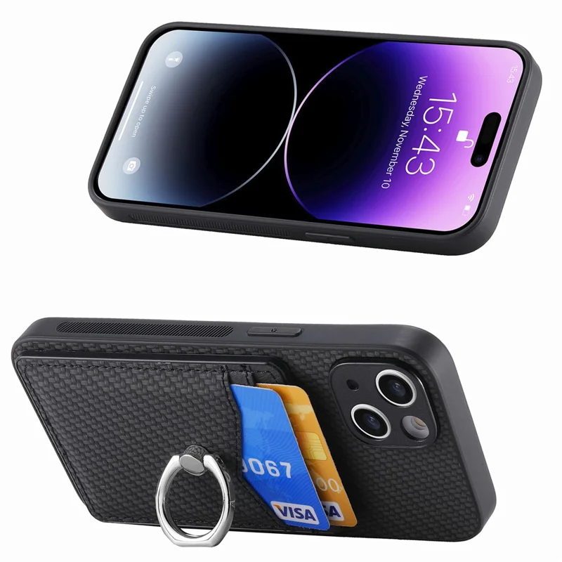 Cellphone Cover for iPhone 15 , Card Holder Carbon Fiber Texture PU Leather+PC+TPU Phone Case with Ring Kickstand - Black