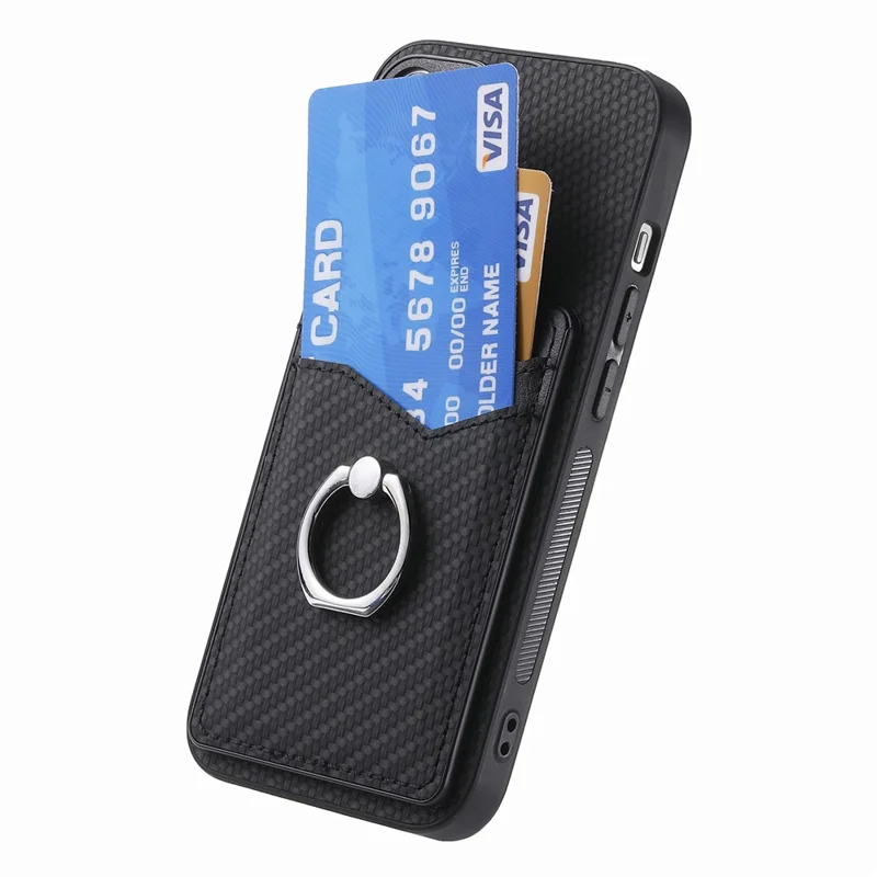 Cellphone Cover for iPhone 15 , Card Holder Carbon Fiber Texture PU Leather+PC+TPU Phone Case with Ring Kickstand - Black