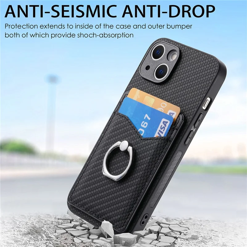 Cellphone Cover for iPhone 15 , Card Holder Carbon Fiber Texture PU Leather+PC+TPU Phone Case with Ring Kickstand - Black