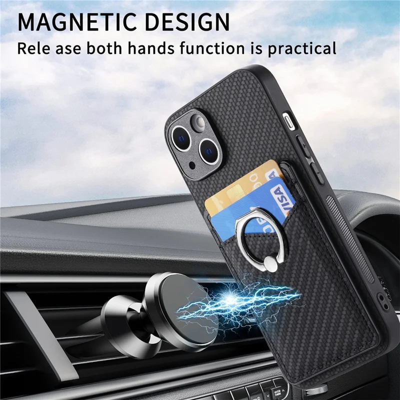 Cellphone Cover for iPhone 15 , Card Holder Carbon Fiber Texture PU Leather+PC+TPU Phone Case with Ring Kickstand - Black