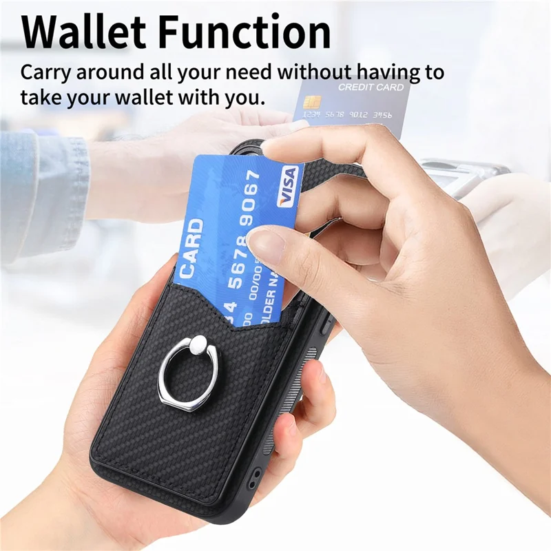 Cellphone Cover for iPhone 15 , Card Holder Carbon Fiber Texture PU Leather+PC+TPU Phone Case with Ring Kickstand - Black
