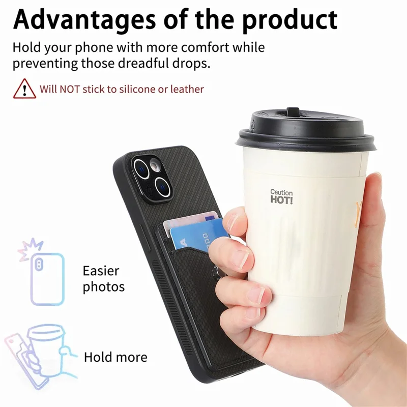 Cellphone Cover for iPhone 15 , Card Holder Carbon Fiber Texture PU Leather+PC+TPU Phone Case with Ring Kickstand - Black