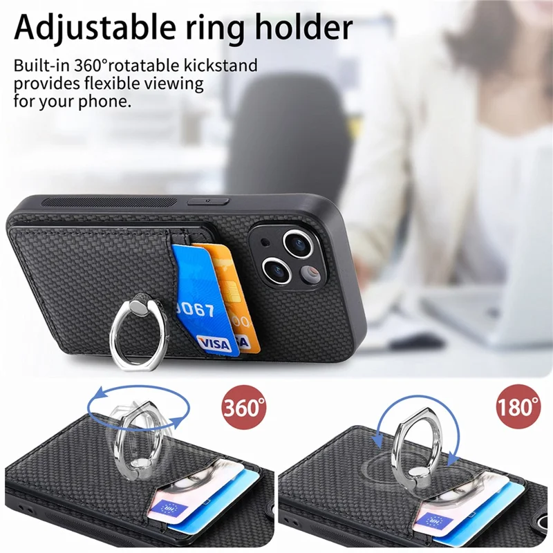 Cellphone Cover for iPhone 15 , Card Holder Carbon Fiber Texture PU Leather+PC+TPU Phone Case with Ring Kickstand - Black