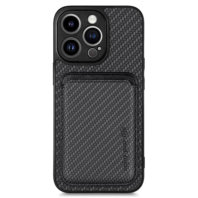 Detachable Magnetic Card Holder Phone Case for iPhone 15 Pro , Carbon Fiber PU Leather Coated PC+TPU Cover - Black