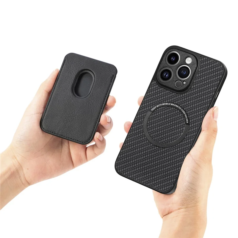 Detachable Magnetic Card Holder Phone Case for iPhone 15 Pro , Carbon Fiber PU Leather Coated PC+TPU Cover - Black