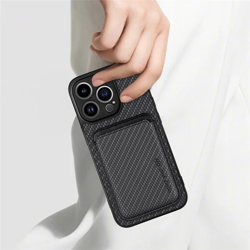 Detachable Magnetic Card Holder Phone Case for iPhone 15 Pro , Carbon Fiber PU Leather Coated PC+TPU Cover - Black