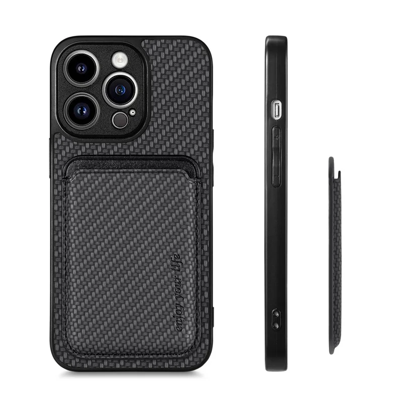 Detachable Magnetic Card Holder Phone Case for iPhone 15 Pro , Carbon Fiber PU Leather Coated PC+TPU Cover - Black