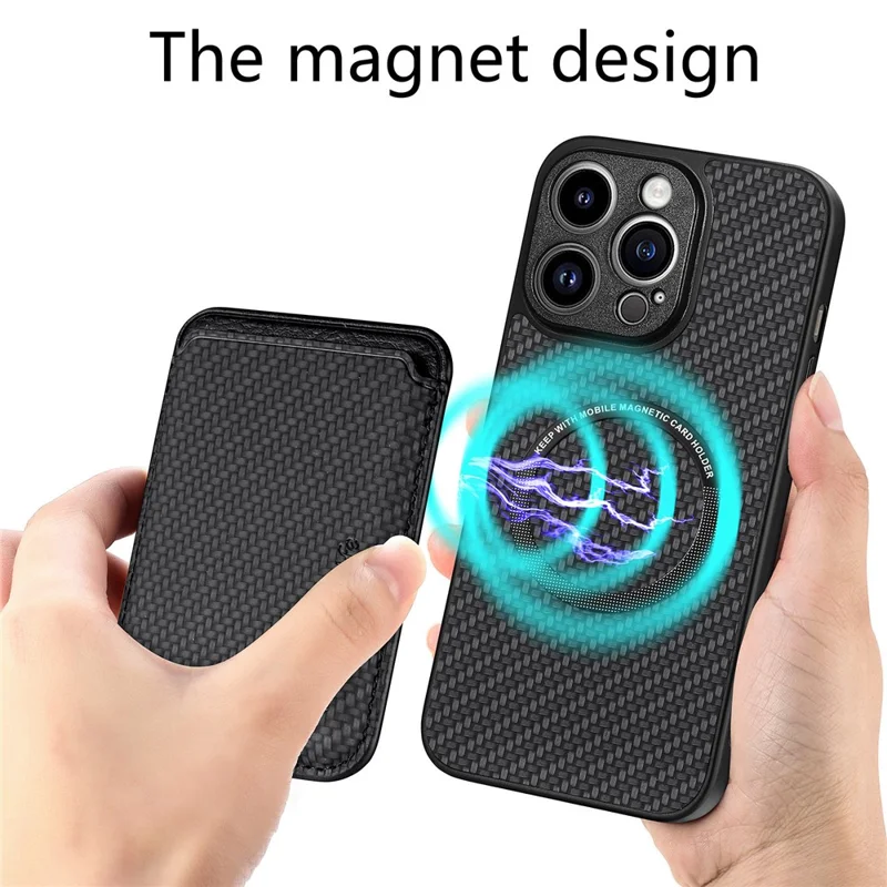 Detachable Magnetic Card Holder Phone Case for iPhone 15 Pro , Carbon Fiber PU Leather Coated PC+TPU Cover - Black