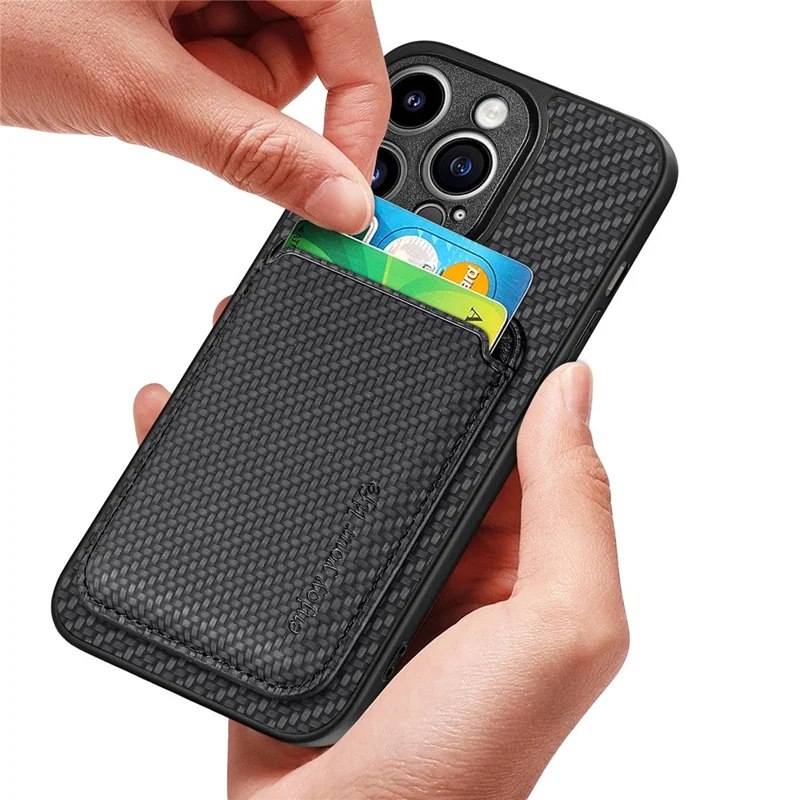 Detachable Magnetic Card Holder Phone Case for iPhone 15 Pro , Carbon Fiber PU Leather Coated PC+TPU Cover - Black