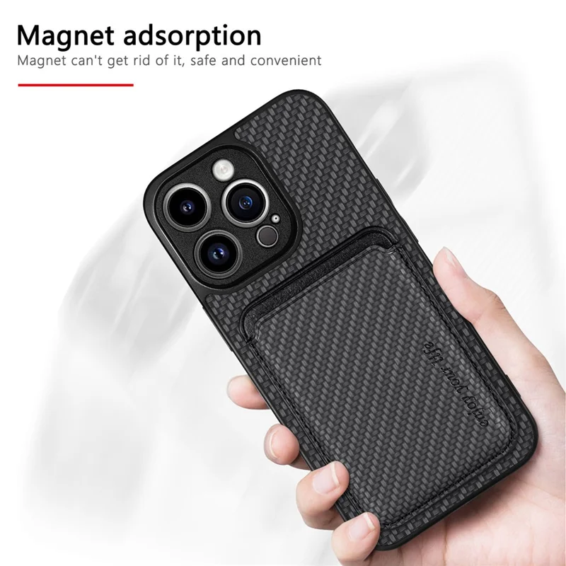 Detachable Magnetic Card Holder Phone Case for iPhone 15 Pro , Carbon Fiber PU Leather Coated PC+TPU Cover - Black