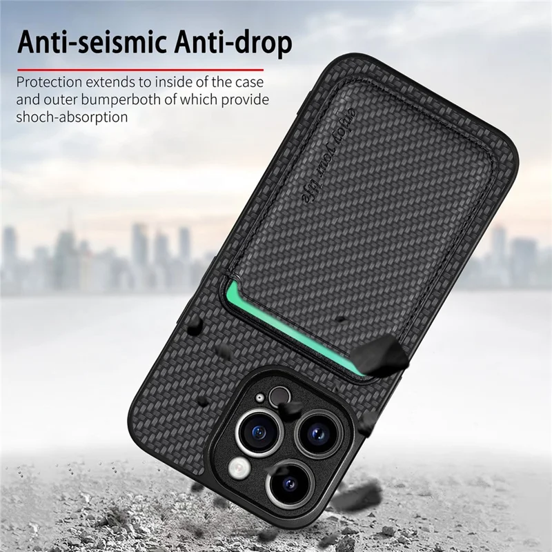 Detachable Magnetic Card Holder Phone Case for iPhone 15 Pro , Carbon Fiber PU Leather Coated PC+TPU Cover - Black