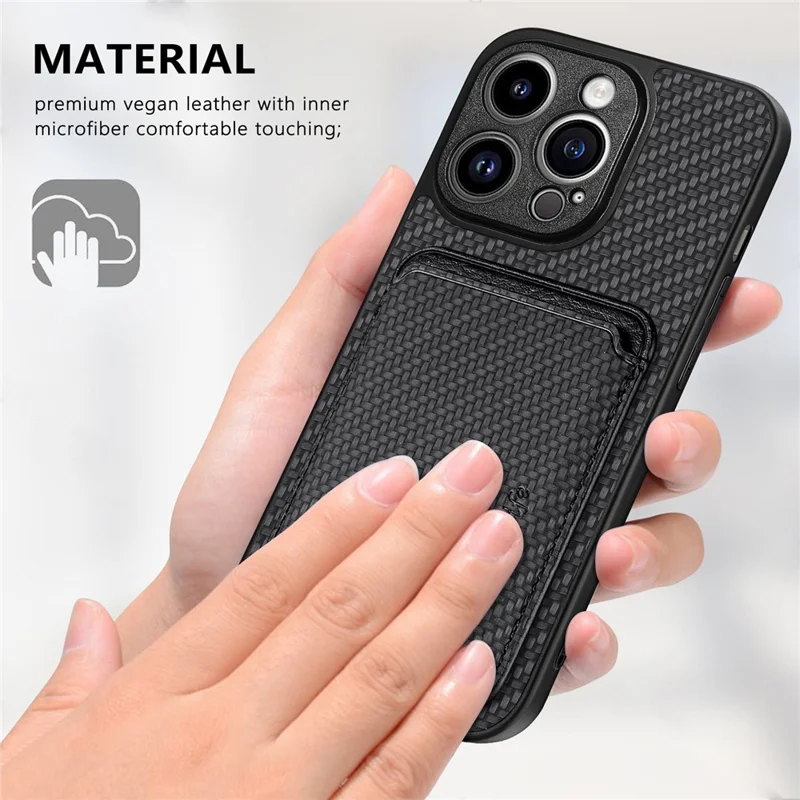 Detachable Magnetic Card Holder Phone Case for iPhone 15 Pro , Carbon Fiber PU Leather Coated PC+TPU Cover - Black