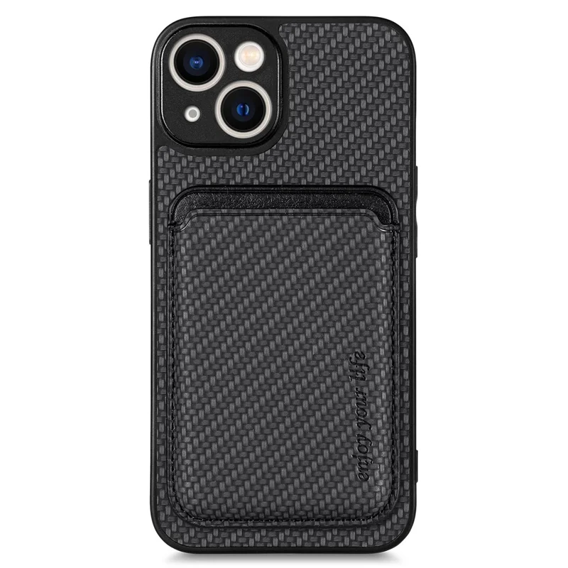 For iPhone 15 Plus Detachable Phone Case Carbon Fiber Magnetic Card Holder Leather+PC+TPU Cover - Black