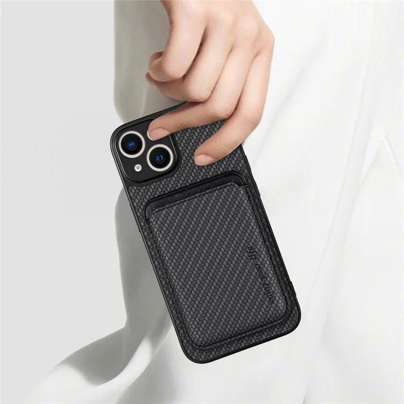 For iPhone 15 Plus Detachable Phone Case Carbon Fiber Magnetic Card Holder Leather+PC+TPU Cover - Black