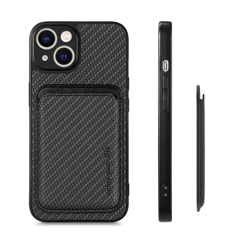 For iPhone 15 Plus Detachable Phone Case Carbon Fiber Magnetic Card Holder Leather+PC+TPU Cover - Black