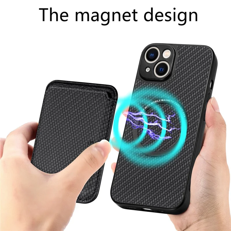 For iPhone 15 Plus Detachable Phone Case Carbon Fiber Magnetic Card Holder Leather+PC+TPU Cover - Black