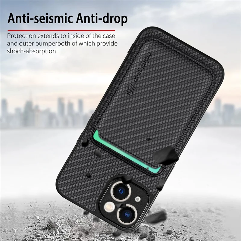 For iPhone 15 Plus Detachable Phone Case Carbon Fiber Magnetic Card Holder Leather+PC+TPU Cover - Black