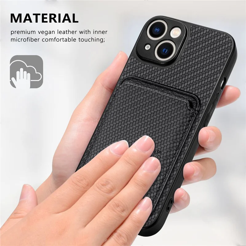 For iPhone 15 Plus Detachable Phone Case Carbon Fiber Magnetic Card Holder Leather+PC+TPU Cover - Black