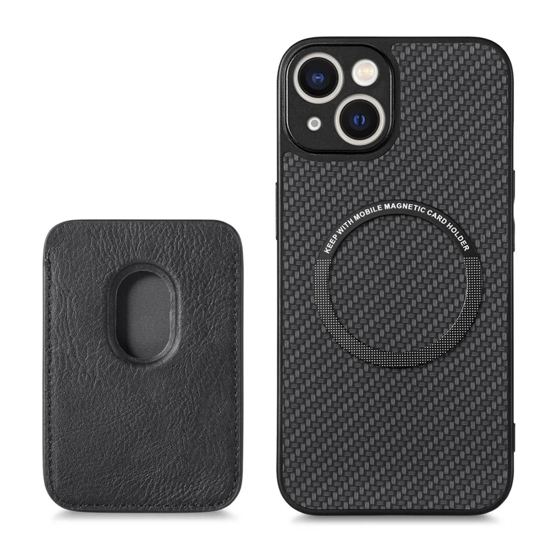For iPhone 15 Plus Detachable Phone Case Carbon Fiber Magnetic Card Holder Leather+PC+TPU Cover - Black