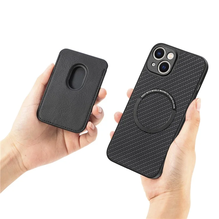 Carbon Fiber Phone Case for iPhone 15 , Leather+PC+TPU Cover with Detachable Magnetic Card Holder - Black