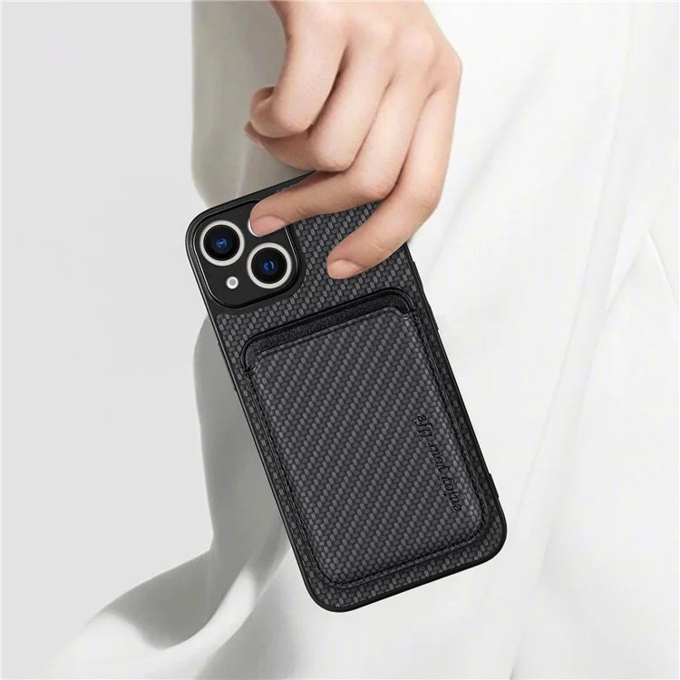 Carbon Fiber Phone Case for iPhone 15 , Leather+PC+TPU Cover with Detachable Magnetic Card Holder - Black